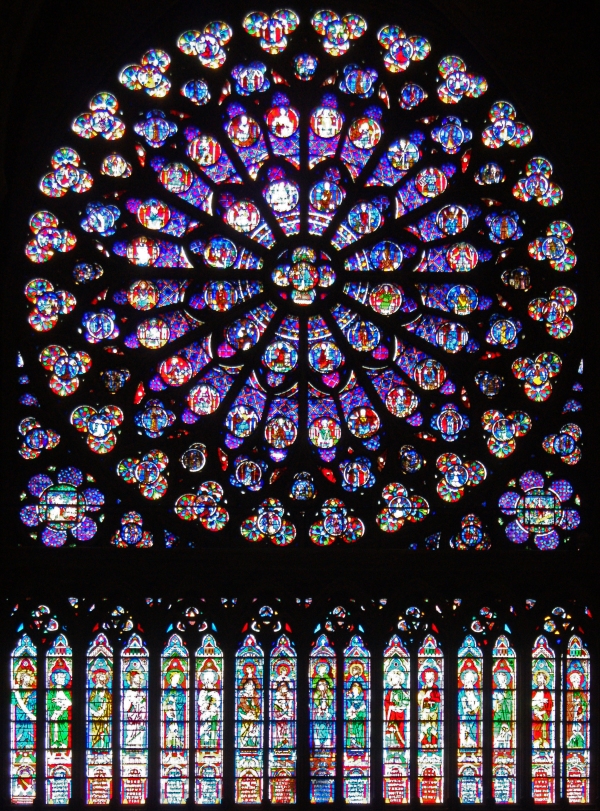 The south rose window of Notre Dame, Paris, seen from the inside.  Built in 1260 AD