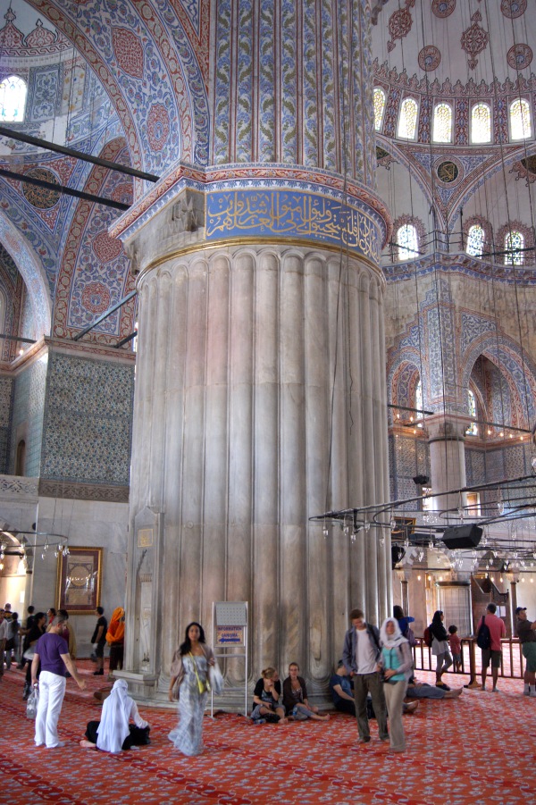 One of the four massive pillars that support the central dome inside the Blue Mosque