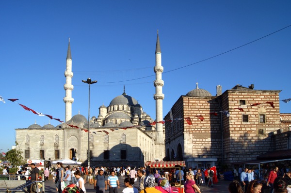 The pair of minarets outside the New Mosque, near the Galata Bridge in Istanbul