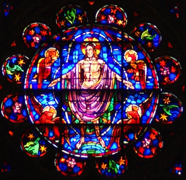 The central roundel from the south transept rose window of Notre Dame Cathedral, Reims, France