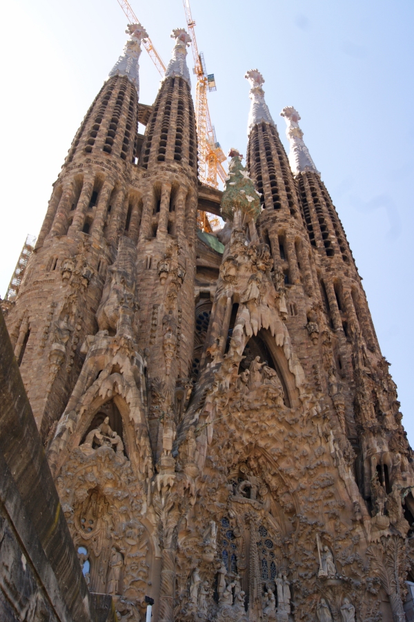 Four of the multiple spires of the Sagrada Familia Basilica in Barcelona, Spain
