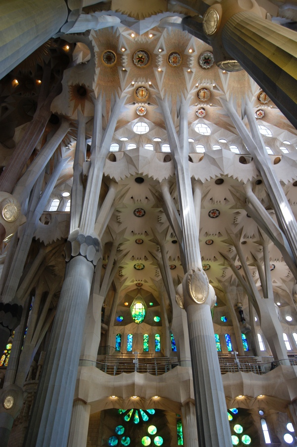 Looking up at the roof over the nave of the Basilica de la Sagrada Familia, Barcelona